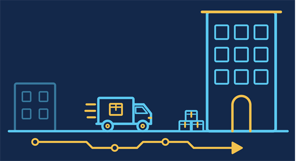 Illustration : un camion de déménagement va de nos locaux actuels vers un bâtiment plus grand