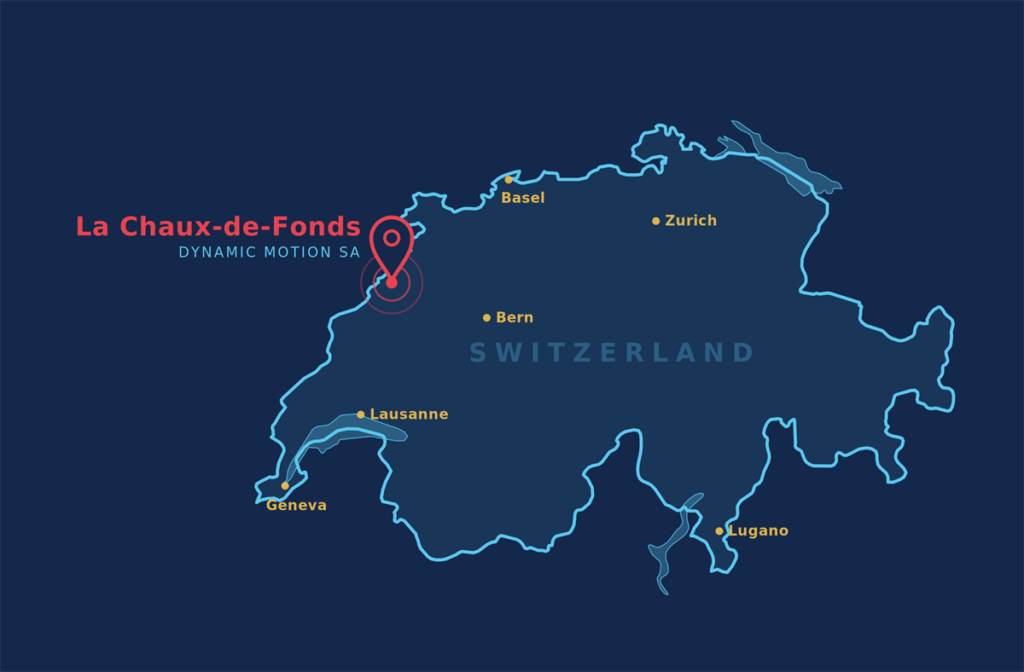 Karte der Schweiz mit dem Standort von Dynamic Motion SA in La Chaux-de-Fonds
